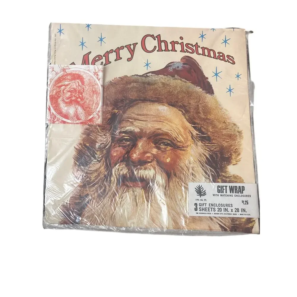 VTG Hallmark Evergreen Press Santa Christmas Gift Wrap 3 Gift Enclosures 20X28